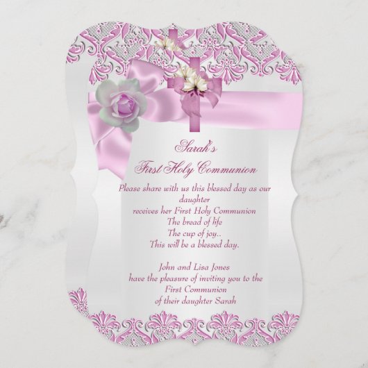 Erste heilige Kommune 1. Kreuzmädchen Weiß Rosa 2 Einladung (Vorne/Hinten)