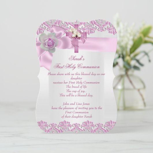 Erste heilige Kommune 1. Kreuzmädchen Weiß Rosa 2 Einladung (Stehend Vorderseite)