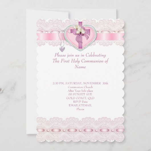 Erste heilige Kommune 1. Kreuzmädchen Weiß Rosa 3 Einladung (Rückseite)