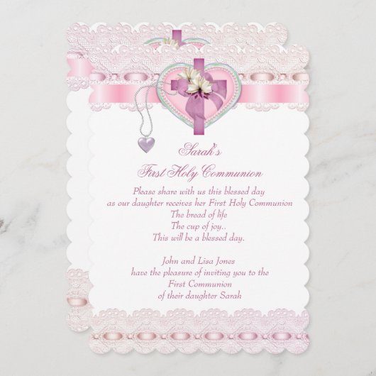 Erste heilige Kommune 1. Kreuzmädchen Weiß Rosa 3 Einladung (Vorne/Hinten)