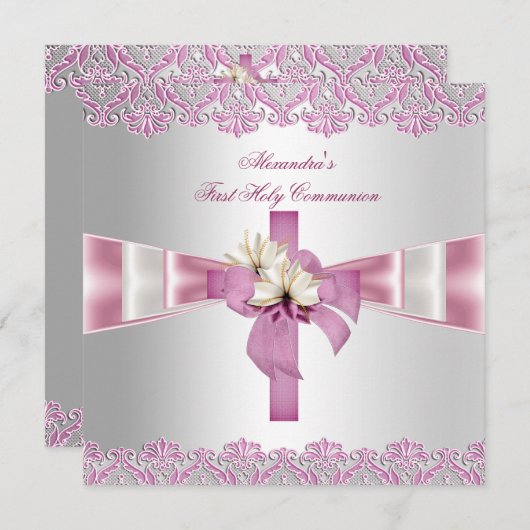 Erste heilige Kommune 1. Kreuzmädchen Weiß Rosa Einladung (Vorne/Hinten)