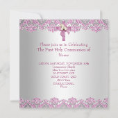 Erste heilige Kommune 1. Kreuzmädchen Weiß Rosa Einladung (Rückseite)