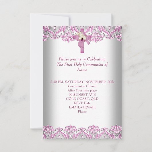 Erste heilige Kommune 1. Kreuzmädchen Weiß Rosa Einladung (Rückseite)