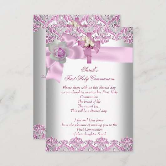 Erste heilige Kommune 1. Kreuzmädchen Weiß Rosa Einladung (Vorne/Hinten)