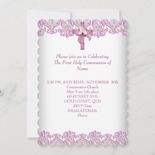 Erste heilige Kommune 1. Kreuzmädchen Weißer Rosa  Einladung (Rückseite)