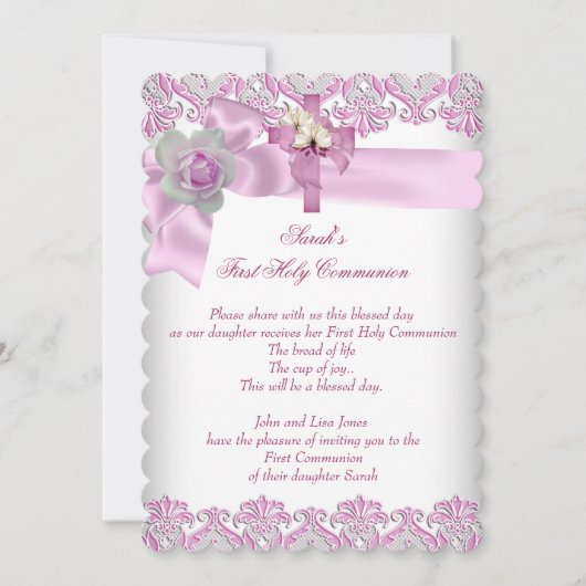 Erste heilige Kommune 1. Kreuzmädchen Weißer Rosa Einladung (Vorderseite)
