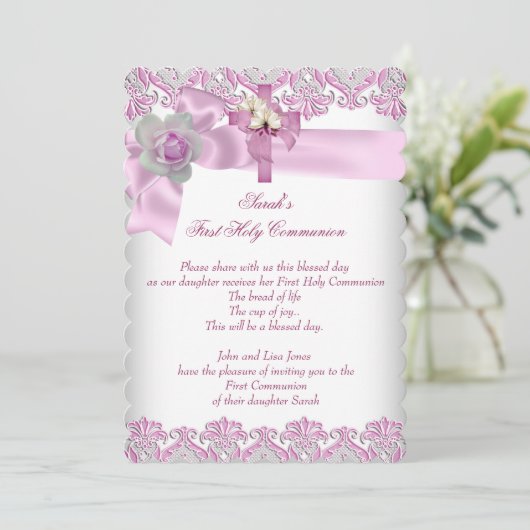 Erste heilige Kommune 1. Kreuzmädchen Weißer Rosa  Einladung (Stehend Vorderseite)