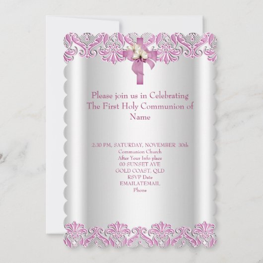 Erste heilige Kommune 1. Kreuzmädchen Weißer Rosa Einladung (Rückseite)