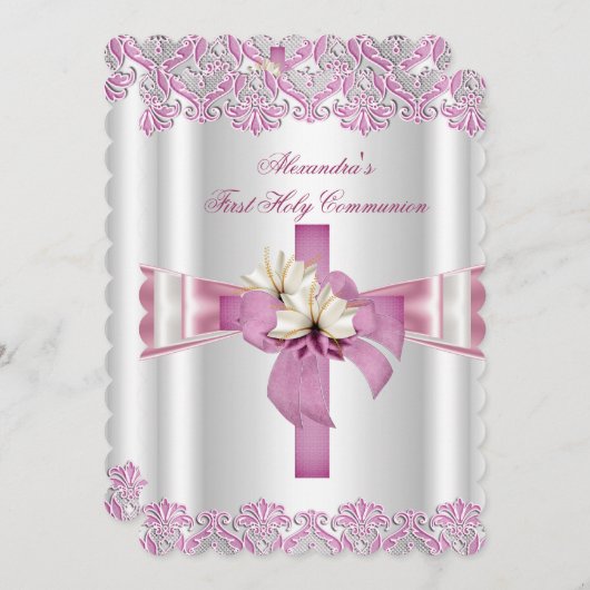 Erste heilige Kommune 1. Kreuzmädchen Weißer Rosa Einladung (Vorne/Hinten)