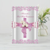 Erste heilige Kommune 1. Kreuzmädchen Weißer Rosa Einladung (Stehend Vorderseite)