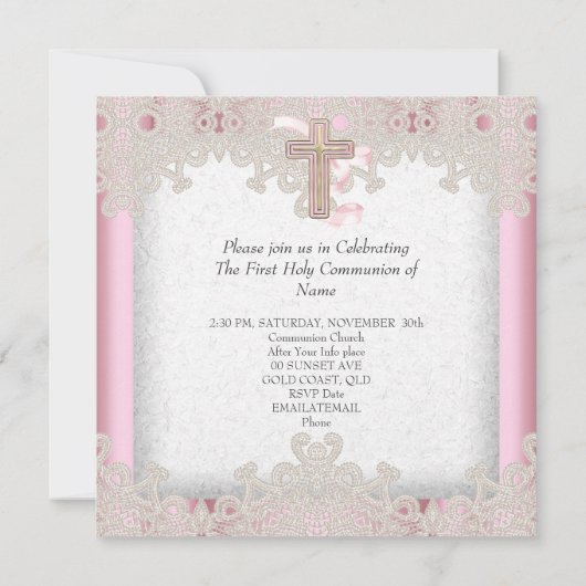Erste heilige Kommune 1. Mädchen Kreuz Rosa 7 Einladung (Rückseite)