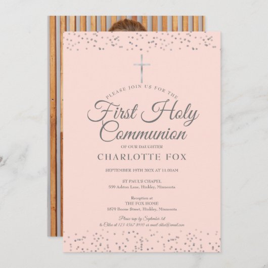 Erste Heilige Kommune Blush Pink Silver Foto Einladung (Vorne/Hinten)