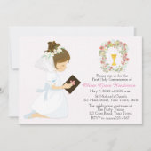 Erste Heilige Kommune Brünett Girl Floral Kranz Einladung (Vorderseite)