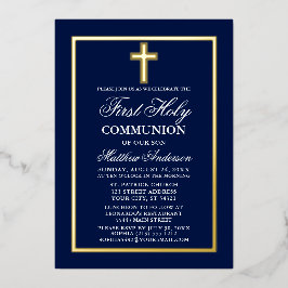 Erste Heilige Kommune Cross Navy Blue Gold Folieneinladung