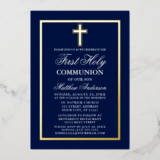 Erste Heilige Kommune Cross Navy Blue Gold Folieneinladung (Vorderseite)