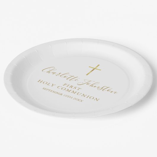 Erste heilige Kommune Goldene Signatur-Skript Pappteller (Schrägansicht)