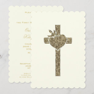 Erste Heilige Kommune Kreuz mit Taube und Herz Einladung