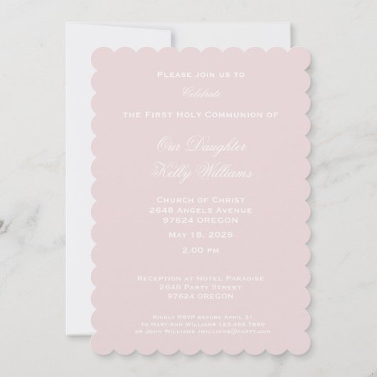 Erste Heilige Kommune Kreuz mit Taube und Herz Einladung (Rückseite)