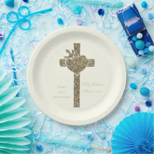 Erste Heilige Kommune Kreuz mit Taube und Herz Pappteller (Party)