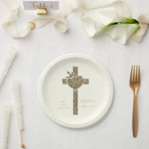Erste Heilige Kommune Kreuz mit Taube und Herz Pappteller