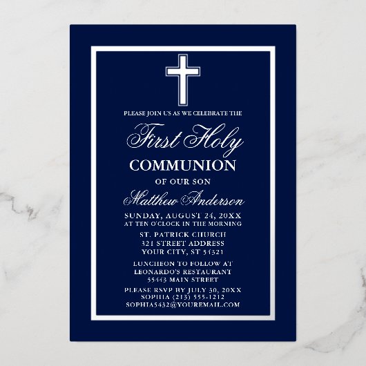 Erste Heilige Kommune Kreuzschiff Blau Silver Folieneinladung (Vorderseite)