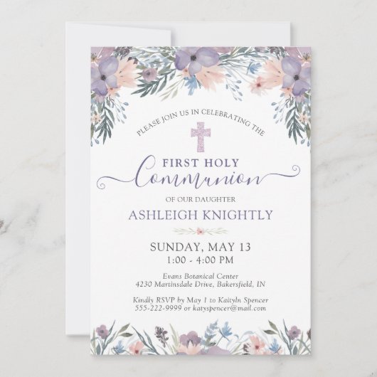 Erste Heilige Kommune Lila Blumenkreuz Einladung (Vorderseite)