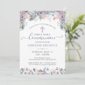 Erste Heilige Kommune Lila Blumenkreuz Einladung (Stehend Vorderseite)