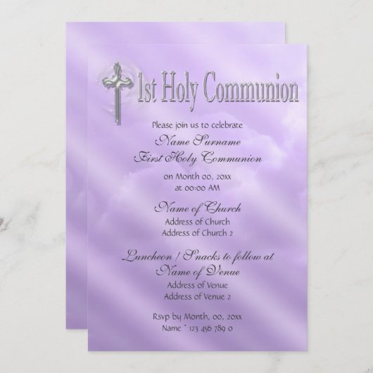 Erste heilige Kommune lila religiös Einladung (Vorne/Hinten)
