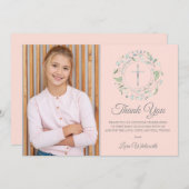 Erste Heilige Kommune Rosa Foto Silber Dankeskarte (Vorne/Hinten)