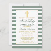 Erste heilige Kommune Sage Green Striped Gold Einladung (Vorderseite)