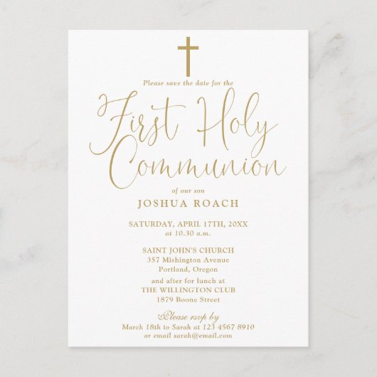 Erste Heilige Kommune Save the Date Gold Postkarte (Vorderseite)