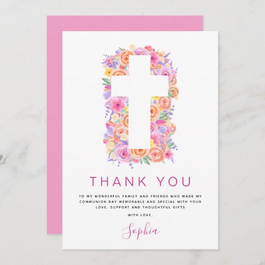 Erste heilige Kommune Vielen Dank Floral Pink Rose Dankeskarte (Vorne/Hinten)