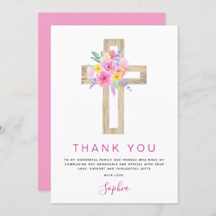 Erste heilige Kommune Vielen Dank Floral Pink Rose Dankeskarte