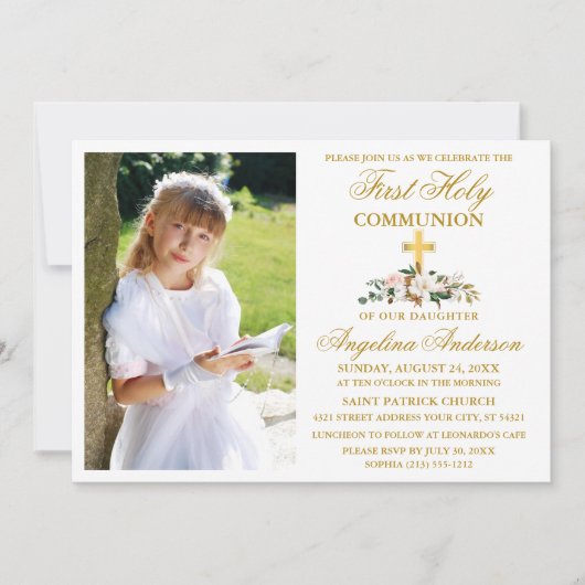 Erste Heilige Kommune Wasserfarbe Magnolia Gold Einladung (Vorderseite)