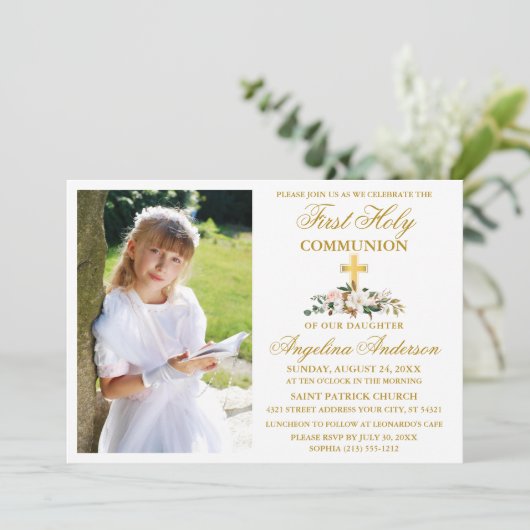 Erste Heilige Kommune Wasserfarbe Magnolia Gold Einladung (Stehend Vorderseite)