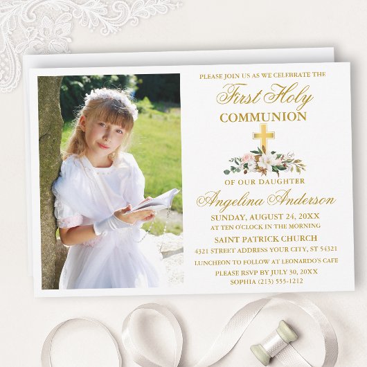 Erste Heilige Kommune Wasserfarbe Magnolia Gold Einladung