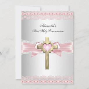Erste heilige Kommunion 1. Goldkreuz Mädchen Pink  Einladung