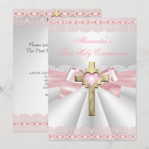 Erste Heilige Kommunion 1. Goldkreuz Mädchen Rosa  Einladung