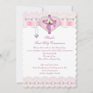 Erste heilige Kommunion 1. Kreuz Mädchen Weiß Rosa Einladung