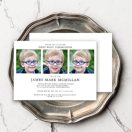 Erste heilige Kommunion 3-Foto Collage Boy Keepake Einladung