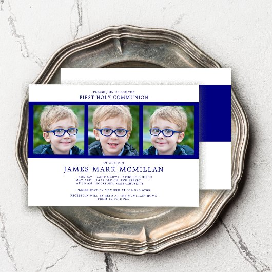 Erste heilige Kommunion 3-Foto Collage Boy Navy Bl Einladung