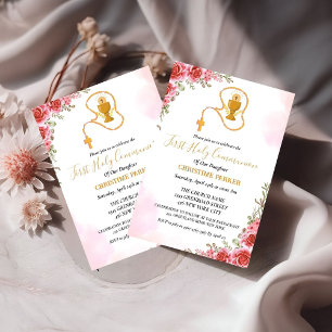 Erste heilige Kommunion Aquarell Rosa Blütenfarbe Einladung