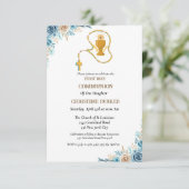 Erste heilige Kommunion Aquarellblau Blütenblume Einladung (Stehend Vorderseite)