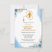 Erste heilige Kommunion Aquarellblau Blütenblume Einladung (Vorderseite)