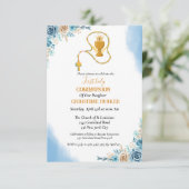 Erste heilige Kommunion Aquarellblau Blütenblume Einladung (Stehend Vorderseite)