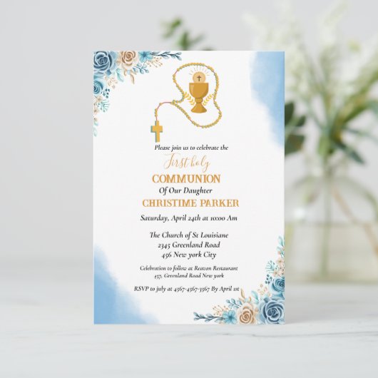 Erste heilige Kommunion Aquarellblau Blütenblume Einladung (Stehend Vorderseite)