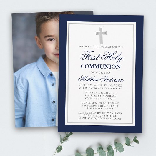 Erste Heilige Kommunion Blau-Silber-Foto Einladung