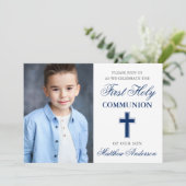 Erste Heilige Kommunion Blau und Silberes Foto Einladung (Stehend Vorderseite)