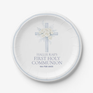 Erste heilige Kommunion Blaues florales Kreuz Papi Pappteller