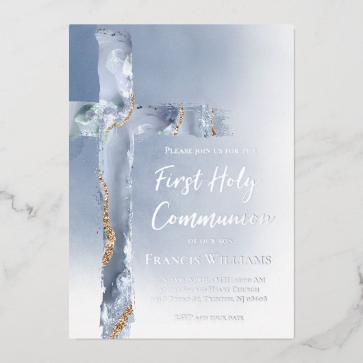 Erste Heilige Kommunion blaues Kreuz Folieneinladung (Vorderseite)